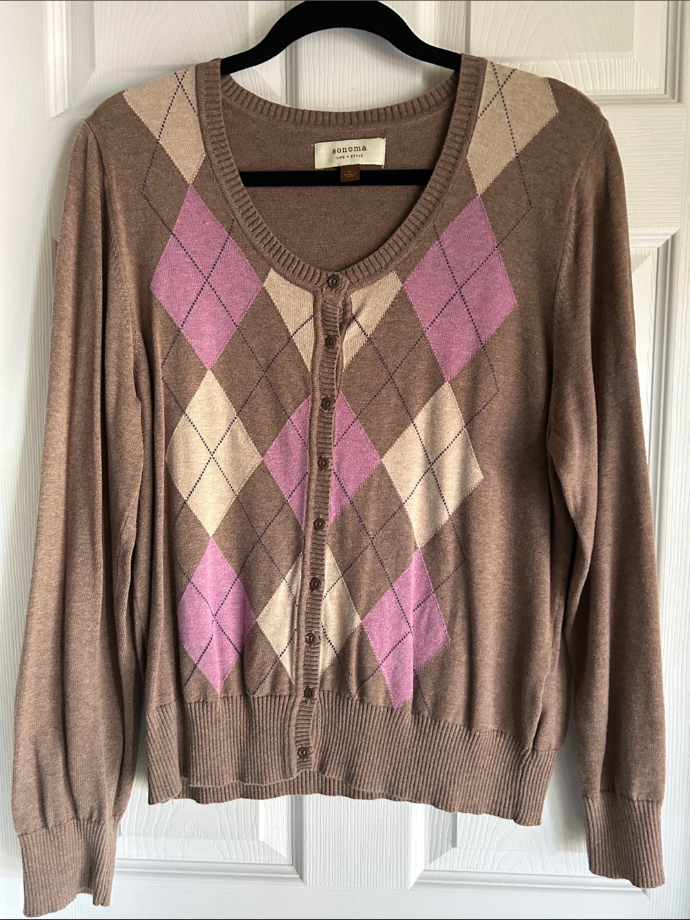Sonoma Taupe Argyle Cardigan with Pink & Cream Diamonds